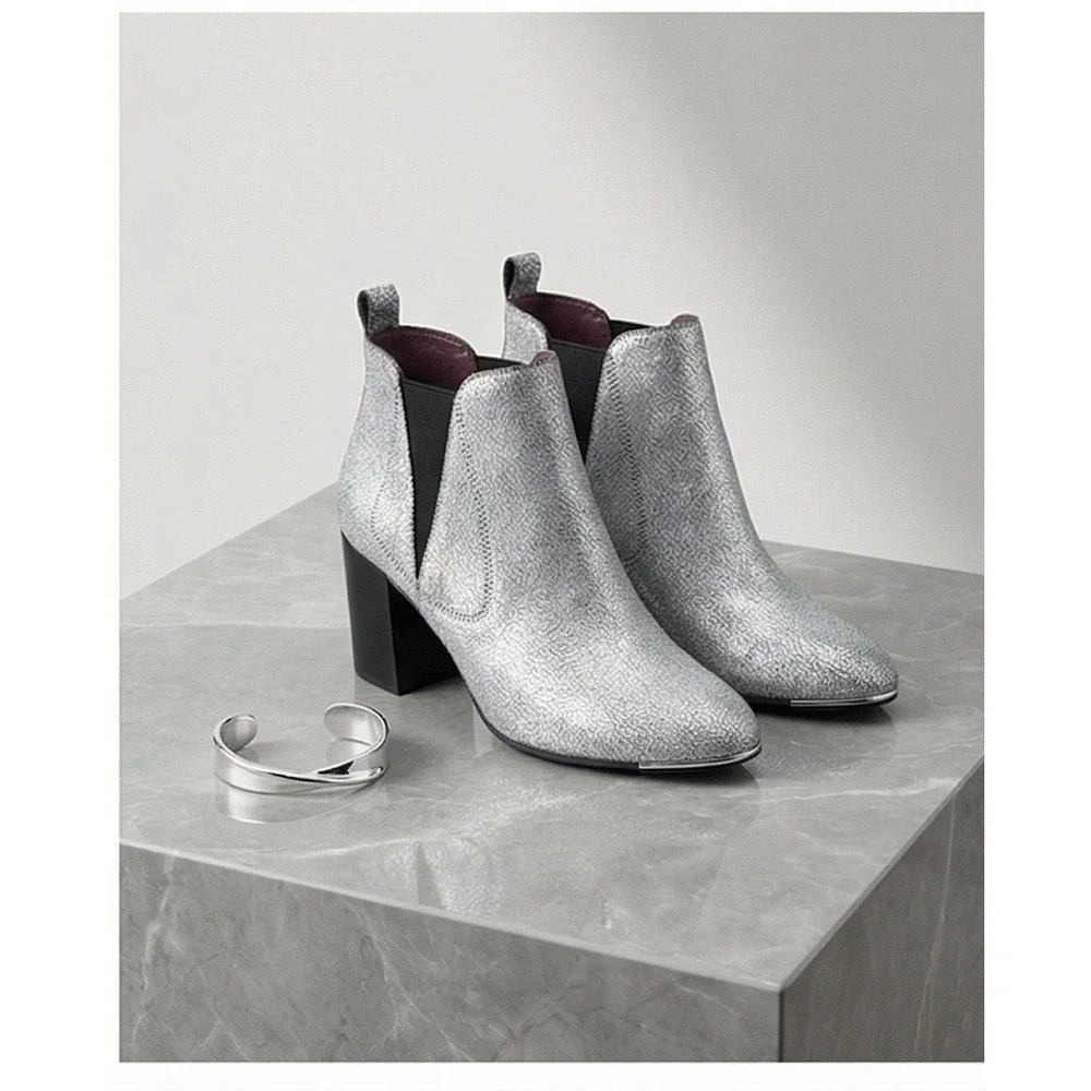 Report Signature 7M Silver Cracked Leather Pointed Toe Ankle Boots Block Heel‎